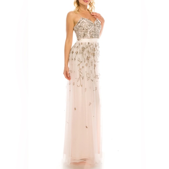 Aidan Mattox Pink Blush Embellished Beaded Floral Tea Length Dress - Picture 16 of 17